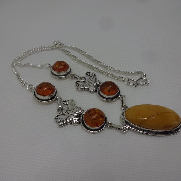 Gorgeous "MOOKAITE JASPER & AMBER" Butterfly Handmade Sterling Necklace 22"  115 - Picture 3 of 5